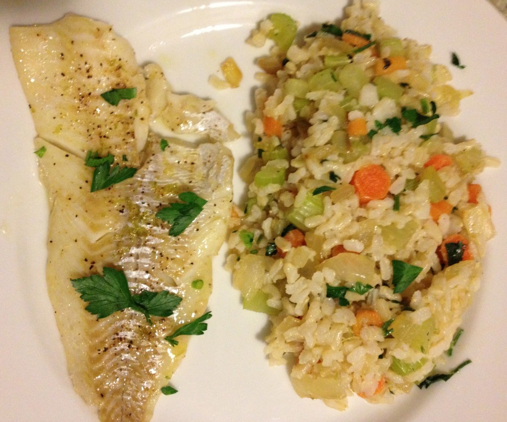 Meal 1: Fish fillets with rice and vegetables