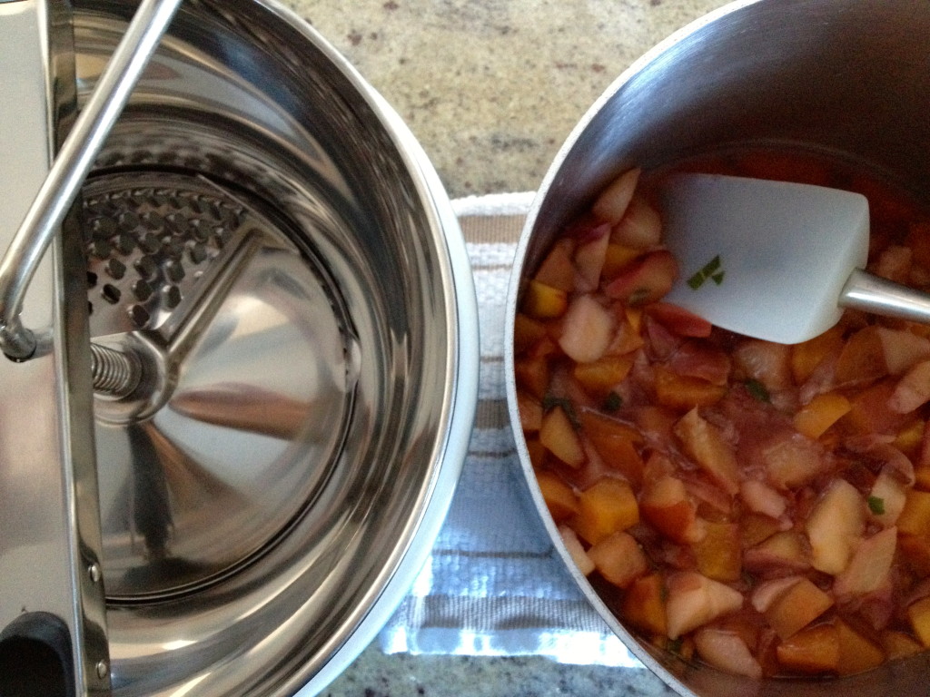 Stone Fruit & Sage mixture ready to be pureed into baby food in my OXO Food Mill.