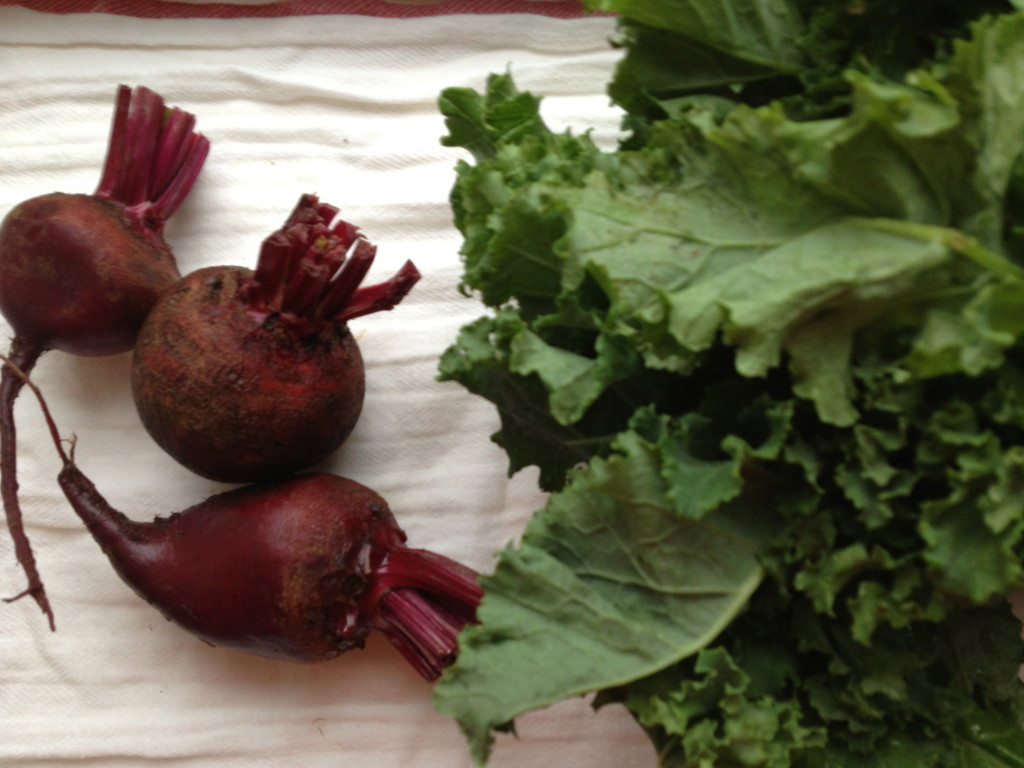 Raw beets and kale. The beginnings of a delicious and healthy salad.