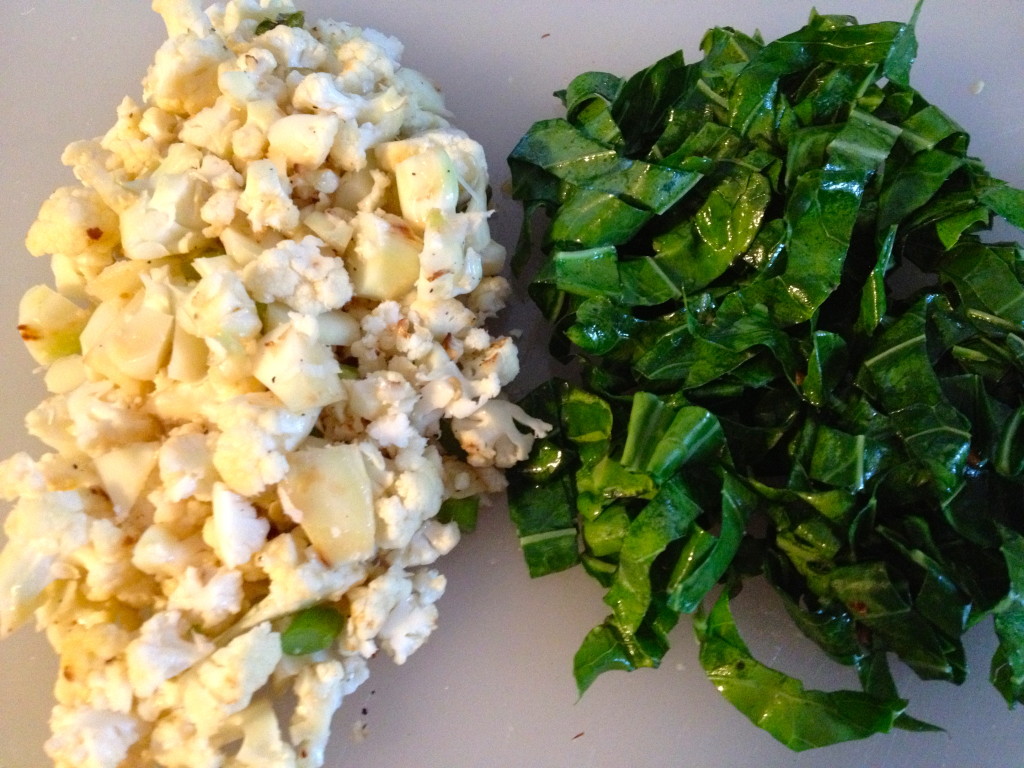 Sauteed cauliflower, scapes and collard greens ready to be added to my pizza