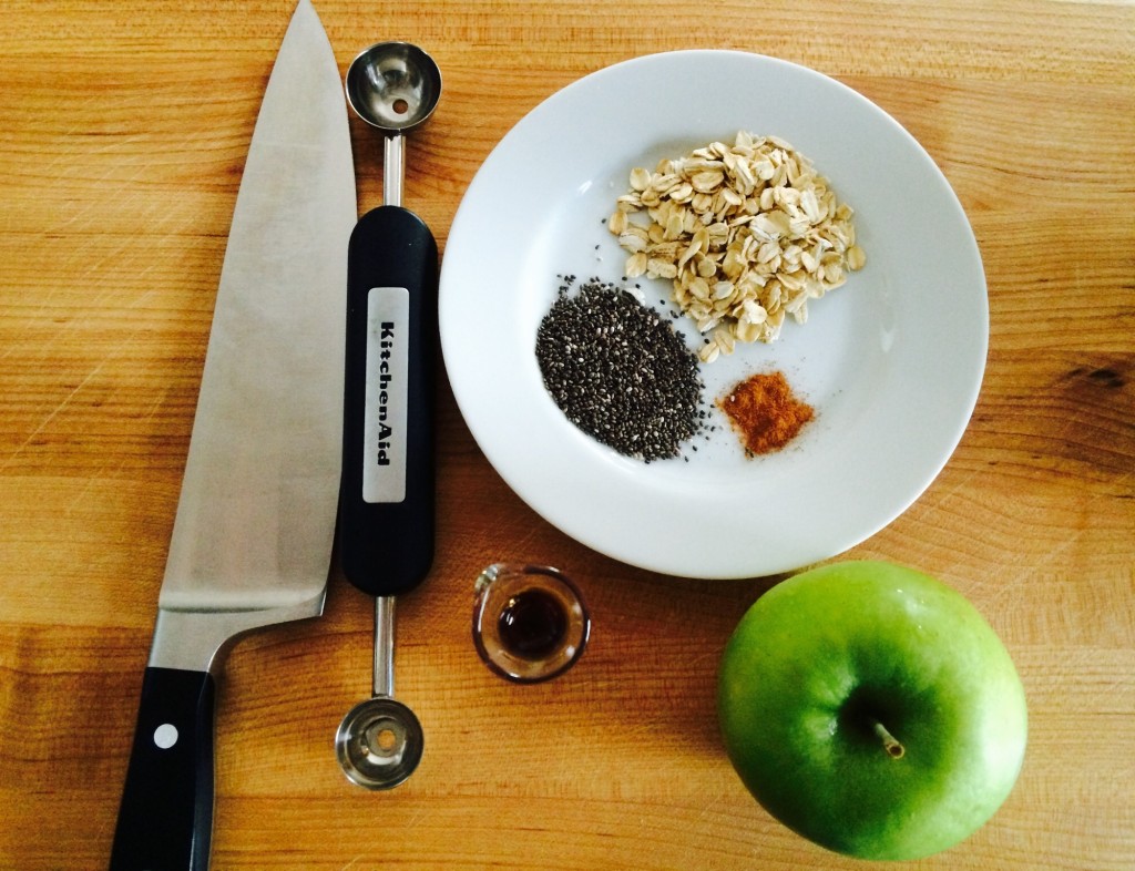 Ingredients and tools for Baked Apple with Oatmeal