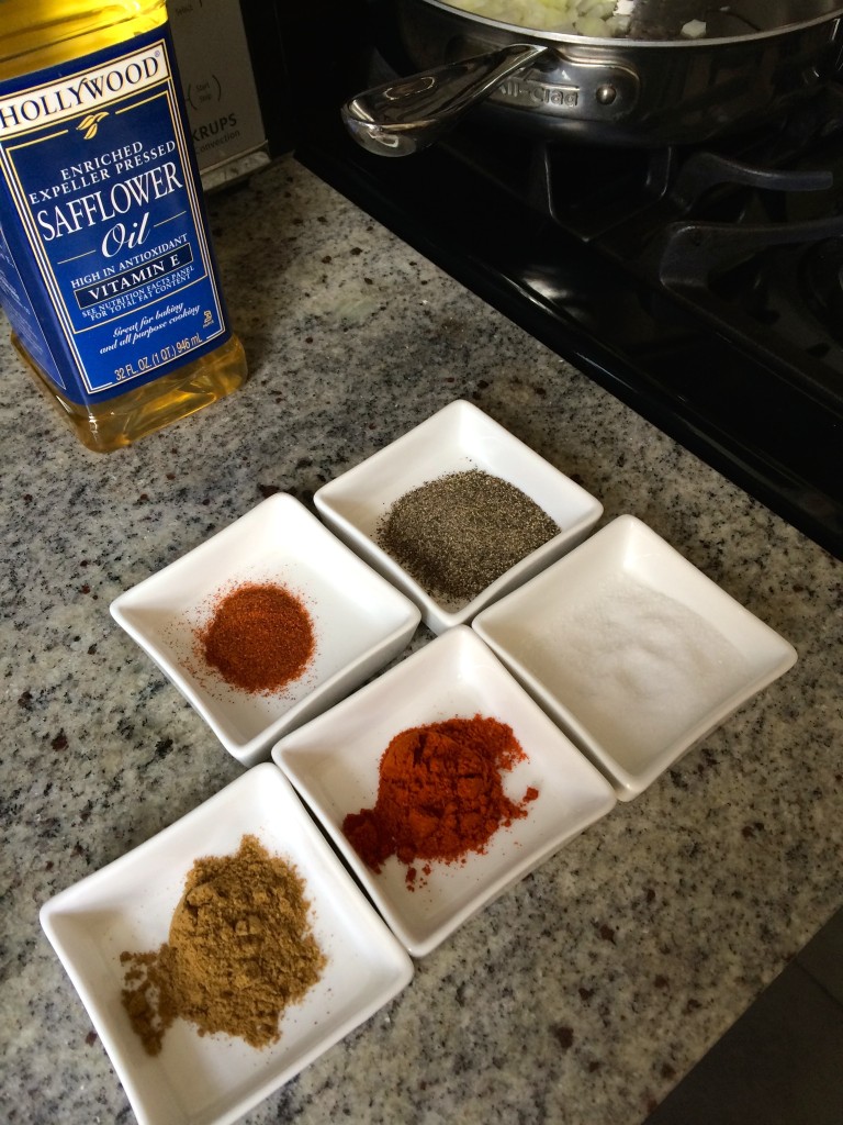 I like to set up my spices by putting them into little bowls so I can take pinches easily as I cook.