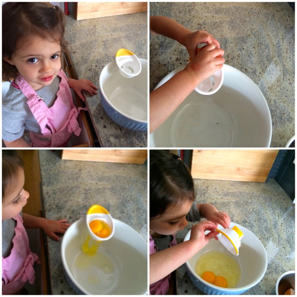 My teeny tiny sous chef cracking eggs for Coconut French Toast from teeny tiny foodie