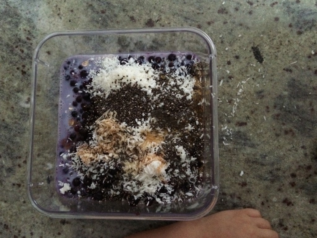 Colorful container of ingredients for Purple Overnight Oats from teeny tiny foodie