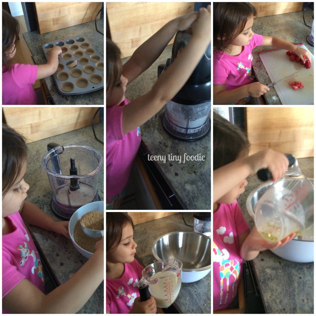 Eliana measured, chopped and mixed most of the batter for these Straight Up Strawberry Muffins from teeny tiny foodie