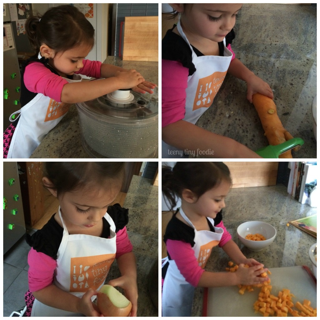 teeny tiny foodie making veggie soup inspired by Garden Safari Vegetable Soup by Kitchen Club Kids