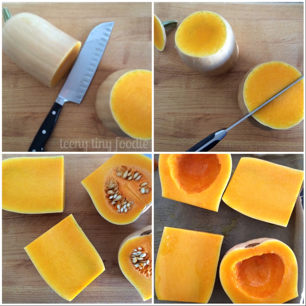 Steps for preparing a butternut squash to be roasted from teeny tiny foodie