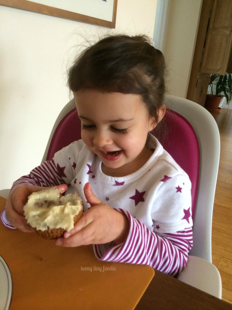 Carrot Cake Muffins with Very Vanilla Frosting by teeny tiny foodie are a #delicious #treat you can make with your kids. #kidsinthekitchen #toddlerscancook #KidsCookMonday