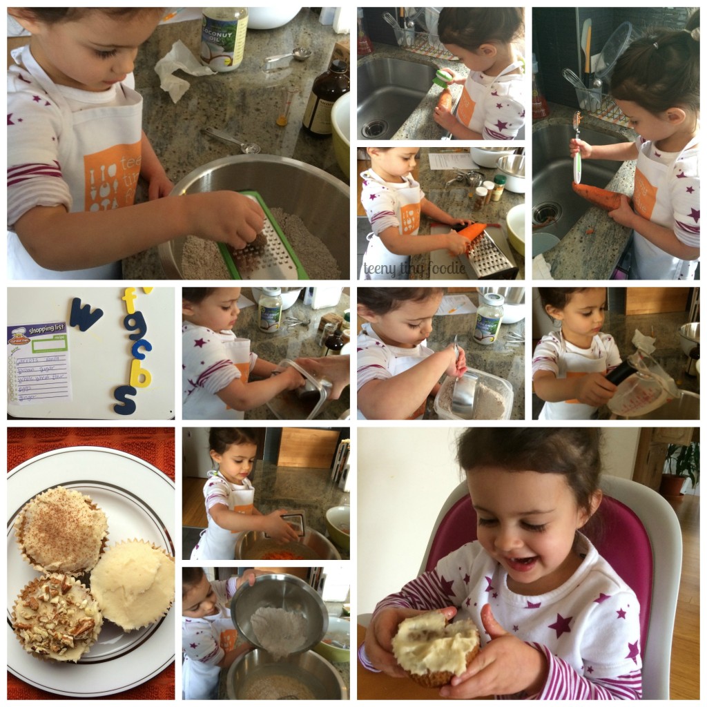 Carrot Cake Muffins with Very Vanilla Frosting by teeny tiny foodie are a #delicious #treat you can make with your kids. #kidsinthekitchen #toddlerscancook #KidsCookMonday