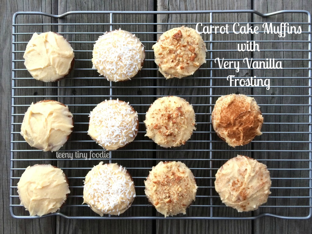 Carrot Cake Muffins with Very Vanilla Frosting by teeny tiny foodie are a #delicious #treat you can make with your kids. #kidsinthekitchen #toddlerscancook #KidsCookMonday