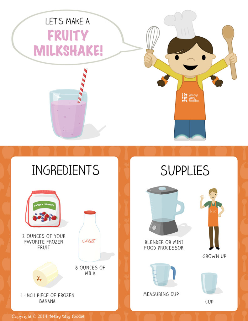 Let's Make a Fruity Milkshake! (page 1) from teeny tiny foodie is a free printable #toddler #recipe written for toddlers and kids to follow with support of a grown up. #kidscancook #kidsinthekitchen #toddlerscancook #teenytinytoddlerrecipe #Valentines #dessert