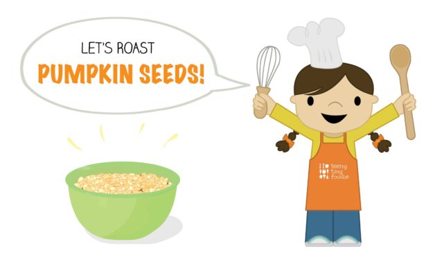 Let's Roast Pumpkin Seeds is the latest #illustratedrecipe written for kids. Visit the post to print the full recipe for free! #teenytinyfoodie #creatingateenytinyfoodie #teenytinytoddlerrecipes #healthykids #healthyrecipe #cookingwithkids #kidscookmonday #recipesforkids #kidsinthekitchen
